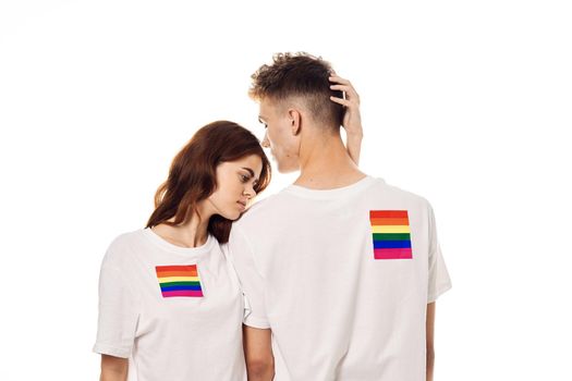 couple in white t-shirts Flag lgbt transgender sexual minorities. High quality photo