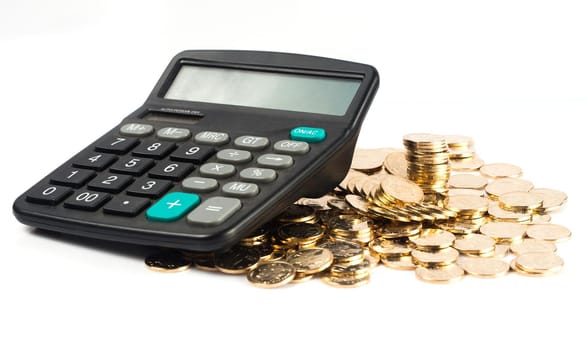 many coins and Calculator on a white background for financal contents