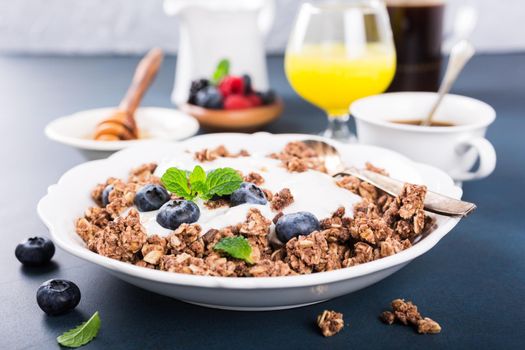Homemade chocolate granola or muesli with yogurt and fresh blueberries for healthy morning breakfast, selective focus. Healthy food background.