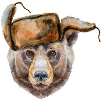 Bear portrait in hat. Watercolor brown bear painting illustration. Beautiful wildlife world