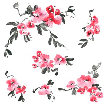 Watercolor and ink illustration of blossom tree with pink flowers, buds and leaves. Oriental traditional painting in style sumi-e, u-sin and gohua.