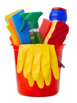 Red bucket with cleaning supplies isolated on white background, close up