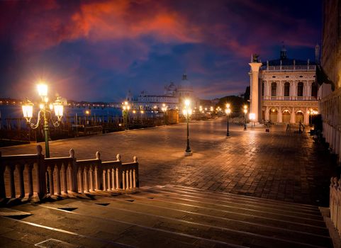 Venetian piazza San Marco at night, Italy