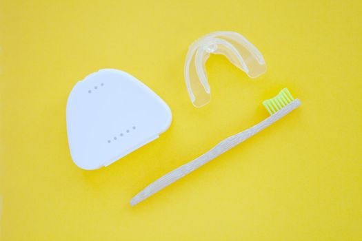 bamboo tooth brush. . Teeth Whitening Accelerator. Dental Bleaching System Flat lay composition space for text on background, top view