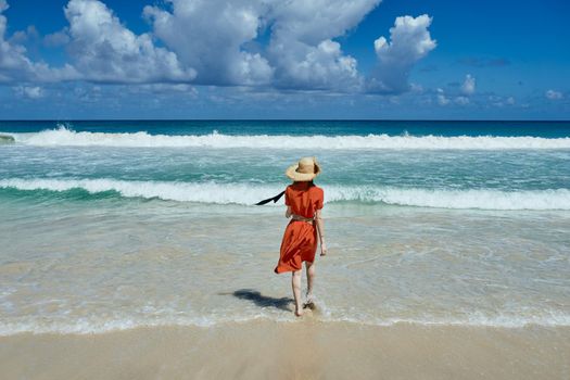 woman on the island beach ocean fresh air sand. High quality photo
