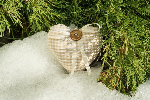 Spring is close. A snow-melting snow background with green cypress branches with a handmade heart.