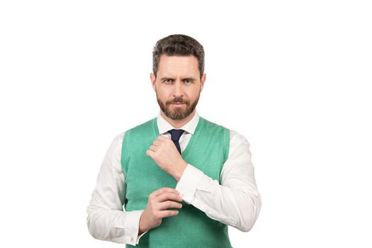 smiling bearded elegant man isolated on white background, male fashion.