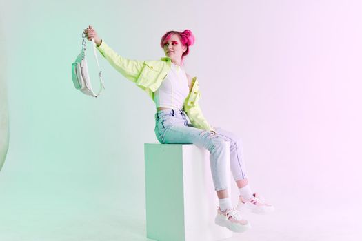 pretty woman green jacket fashionable clothes Acid style design. High quality photo