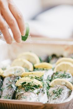 Unrecognizable female chef adding salt to fish in baking dish in the kitchen, view of hand.