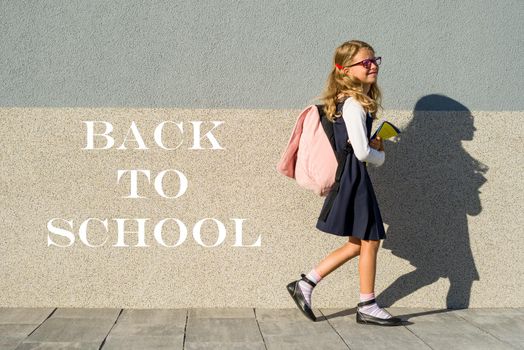 Back to school! Schoolgirl with notebooks in hand. A girl with a backpack goes to school.