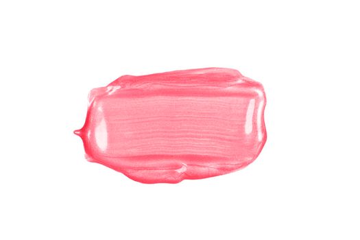 Rectangular pink glossy brush stroke or smear cut out on white background. Top view. Mock up with copy space. Acrylic paint or lipstick make up smear swatch sample