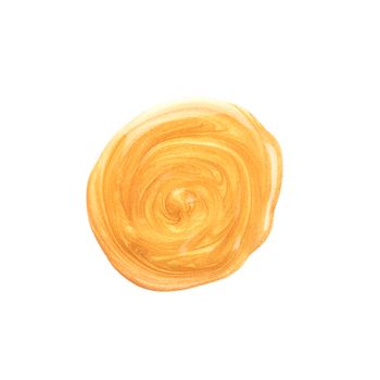 Round golden smear of acrylic paint isolated on white background. Top view. Golden metallic make up smear swatch sample
