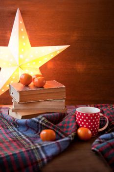 Red dotted Mug or tea cup with hot chocolate on a Scottish blanket. Cozy home concept with books. Cup of hot chocolate. Traditional homemade Christmas cocoa and mandarin orange Citrus
