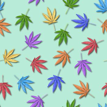 Colorful leaves of hemp or cannabis seamless pattern on blue background.