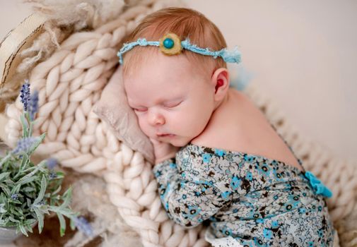 Beautiful newborn baby girl sleeping on tiny bed