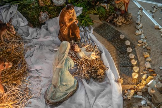 Christmas creche with Joseph Mary and small Jesus