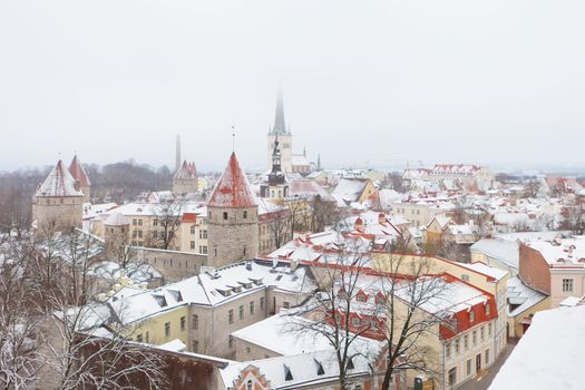 Tower of the city wall and Oleviste Catholic Church at the Old city of Tallinn in Estonia at the winter time. Gothic Scandinavian architecture of medieval charming Old Town and snow. Panoramic view