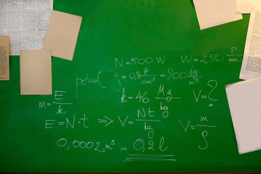 math formulas and papers on a green board - blackboard and school concept. teaching physics