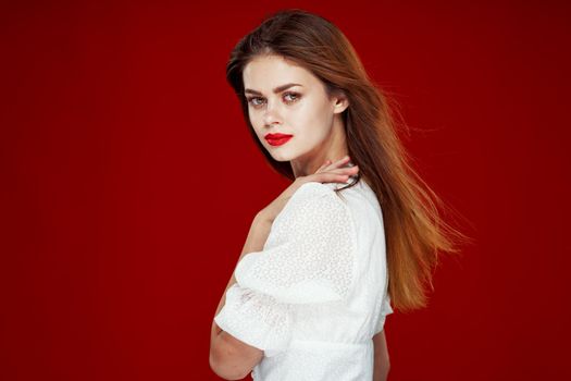 pretty woman fashion hairstyle posing red lips isolated background. High quality photo