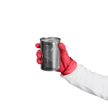 Female hand in red disposable gloves holds tin with canned food or preserves. Kitchen and food concept. Banner with copy space.