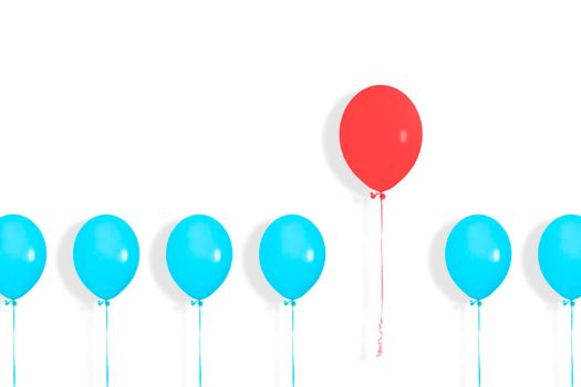 A row or line of blue balloons with one red in between. Pop art design, creative festive concept. Standing out from crowd, individuality and difference concept. Copy space.