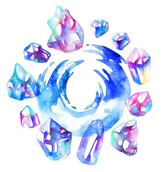 Hand drawn diamond crystals and splashing water - decorative watercolor drawing on white background