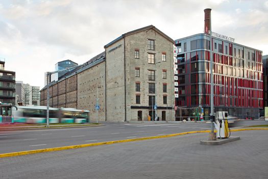 Tallinn, Estonia - May 26 2020: The Rotermann area is the fastest growing hip area in Tallinn, in Estonia. The place is full of little shops. New buildings are built near old limestone buildings.