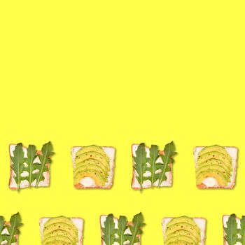 Sandwich or toast with toppings pattern. Flat lay, top view. Pop art design, creative food concept with copy space.