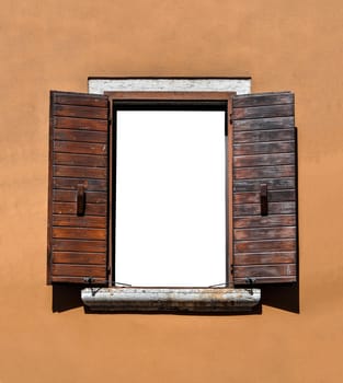 Opened wooden window isolated. Beautiful old window frame with brown wooden shutters and bright terracotta wall. Rural or antique window frame. Design element. Template or mock up.