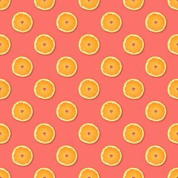 Fresh orange slices seamless pattern. Close up of citrus fruit on pink background. Studio photography.