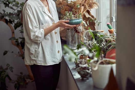 caucasian confident happy florist is working with composition made from glass stones and plants in botanic shop