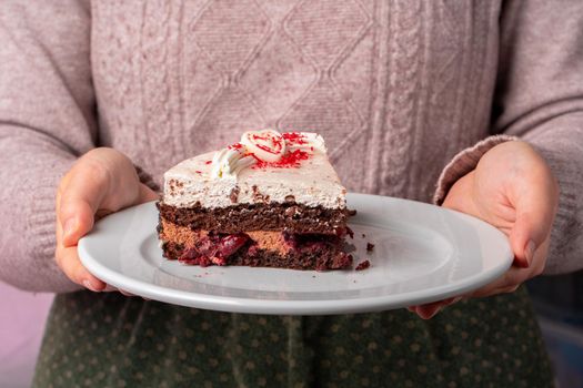 Chocolate cake with whipped cream icing on plate. High quality photo