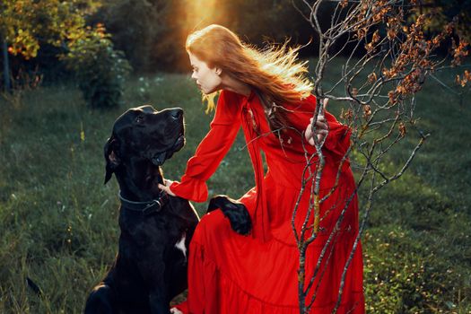 pretty woman in red dress with dog outdoors posing glamor. High quality photo