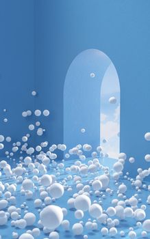 Lots of white balls in a blue room, 3d rendering. Computer digital drawing.