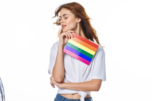 woman wearing white t-shirt lgbt flag inventor community. High quality photo