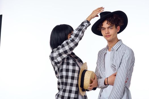 young couple modern clothes posing fun friendship. High quality photo
