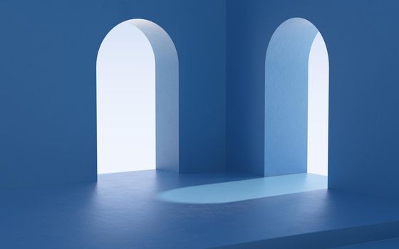 An empty room with arched doors, 3d rendering. Computer digital drawing.