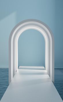 Water and arched door in the empty room, 3d rendering. Computer digital drawing.