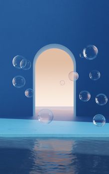 Bubbles and water in the empty room. 3d rendering. Computer digital drawing.