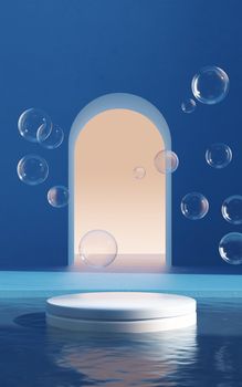 Bubbles and stage in the room, 3d rendering. Computer digital drawing.