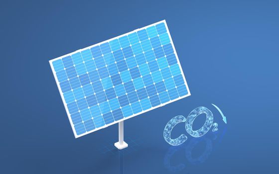 Solar panel, solar energy and carbon dioxide, 3d rendering. Computer digital drawing.