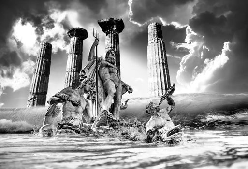 Photomontage of the fountain of Greek God Neptune, Piazza del Popolo, Rome, Italy. The statue is inside the sea with a dramatic sky.