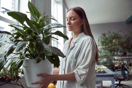 caucasian confident happy florist is working with composition made from glass stones and plants in botanic shop