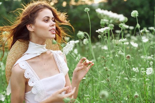 pretty woman in white dress in a field flowers nature. High quality photo