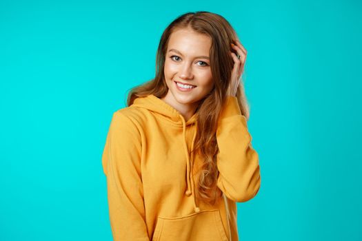 Portrait of a young beautiful happy woman smiling close up