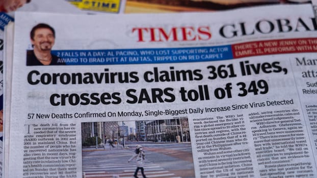 Dehradun, Uttarakhand India June 28, 2021. Coronavirus COVID-19 News Headline in Newspaper of India. Headlines of the month March, April 2020. High-quality apple prores 422 4k footage 60p.