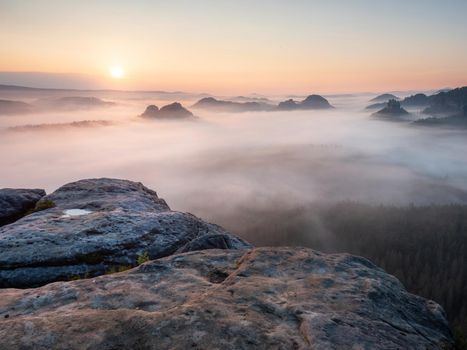 Misty Elbe Valley Sandstone Mountains or Foggy Saxon Switzerland. Popular touristic destination between sandstone massive blocks.