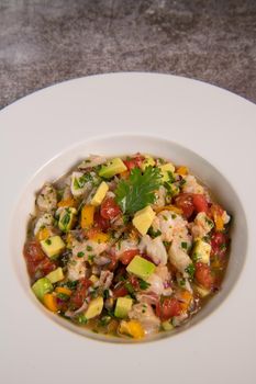 Cod Ceviche recipe, bread in oil and garlic. High quality photo