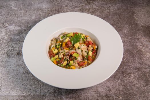Cod Ceviche recipe, bread in oil and garlic. High quality photo