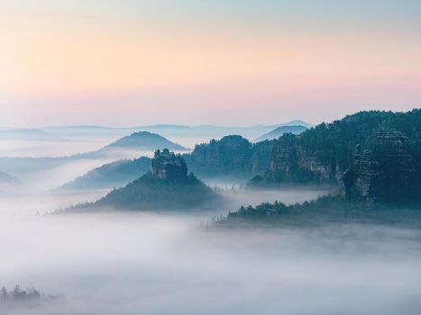 The fairy rock of Winterstein, also called Hinteres Raubschloss or Raubstein sticking out of morning mist.  It is a sandstone rock massif, the butte with rest of stronghold ruin in the Saxon Switzerland National Park.